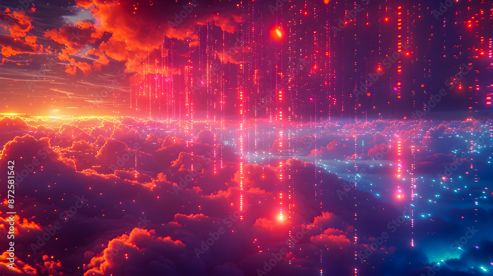 Obraz premium Glowing digital cables cascading from the sky creating a sense of weightlessness and otherworldly surreal dreamlike with a touch of fantasy and vibrant color palette along with dramatic lighting