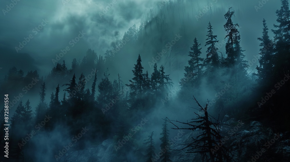 Naklejka premium A dark and ominous forest nestled within the mountains, shrouded in mist and shadow, evoking a sense of mystery and foreboding.