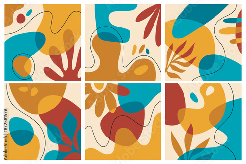 Abstract art nature background vector. Modern shape line art wallpaper. Boho foliage botanical tropical leaves and floral pattern design for home deco, wall art, social media post and story background