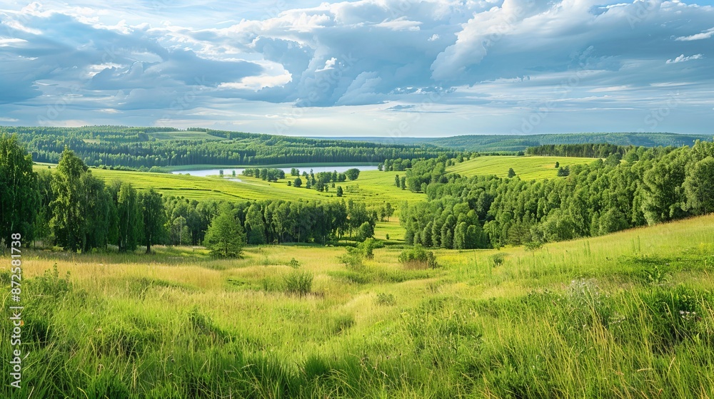 Obraz premium Fields and forests stretching under the summer sun, with the Ob reservoir visible on the horizon in the Novosibirsk region of Russia.