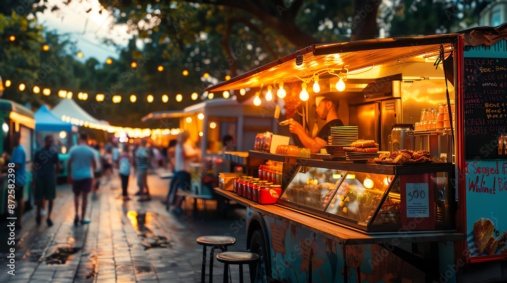 A bustling food truck park at night, illuminated by string lights. People gather around the food trucks, enjoying the evening. A bustling food truck park at night, illuminated by string lights. People gather around the food trucks, enjoying the evening.