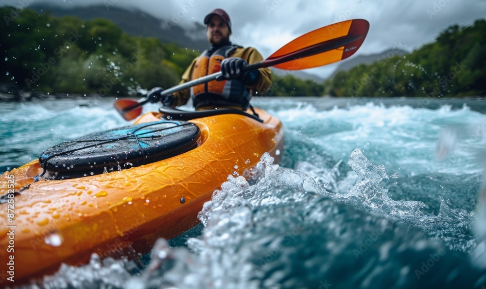 Fototapeta premium A kayaker's body and paddle in motion on a rapid river, with the surrounding landscape