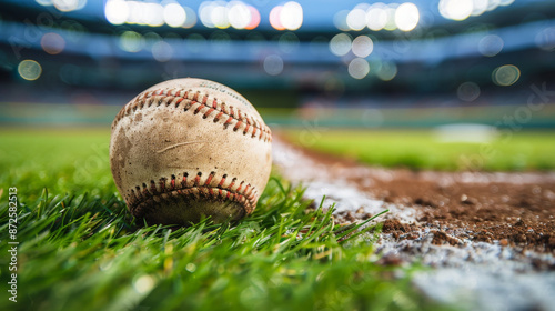 Baseball on a blur field with dirt mound, green grass, and stadium lights.