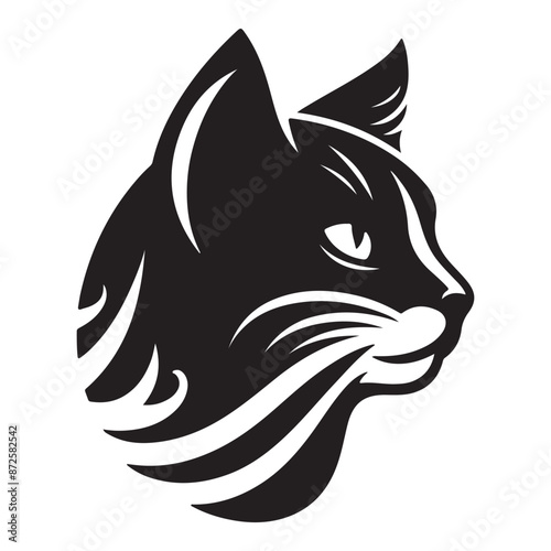 Sleek black cat silhouette, profile view, minimalist design, sharp angles, graphic art style, high contrast, white background, iconic logo, feline head, whiskers detail, pointed ear,