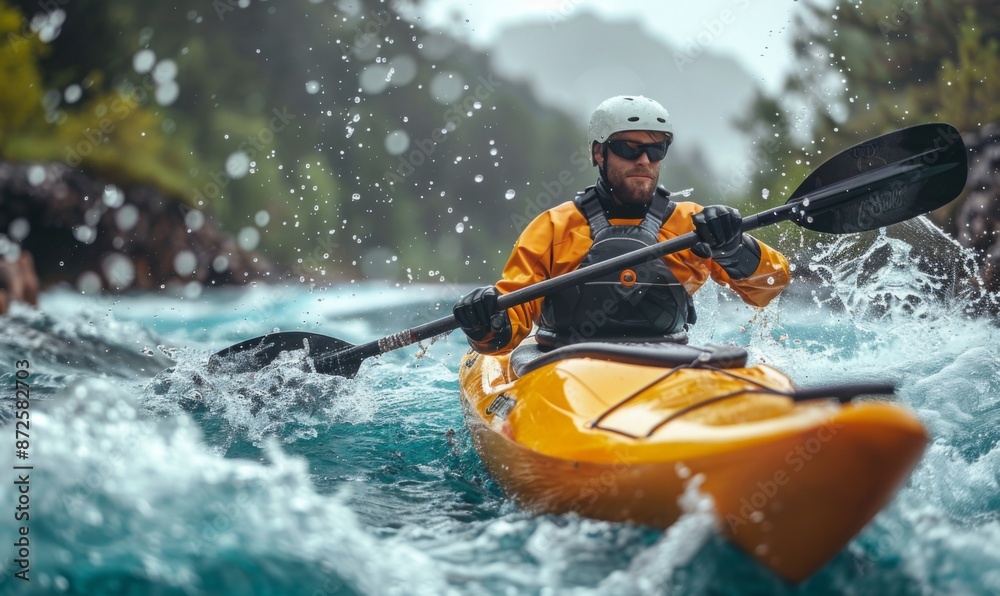 Fototapeta premium A kayaker's body and paddle in motion on a rapid river, with the surrounding landscape