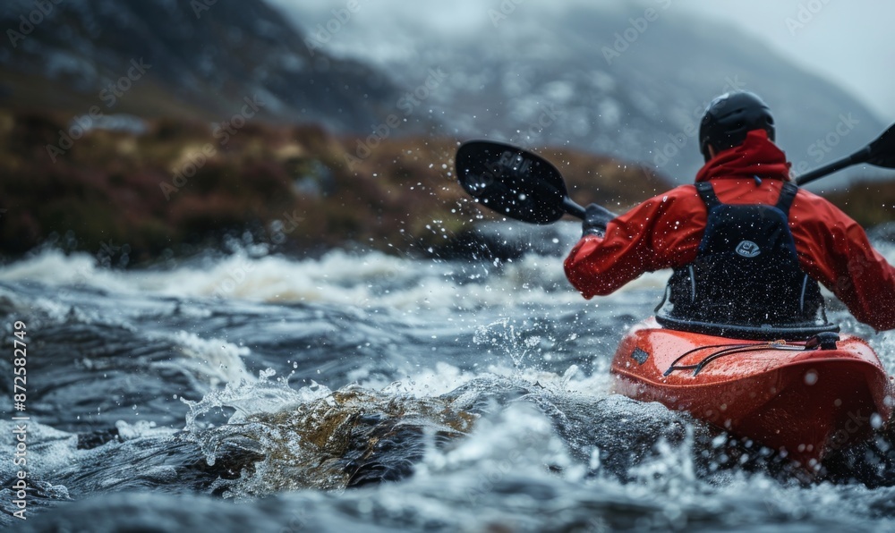 Fototapeta premium A kayaker's body and paddle in motion on a rapid river, with the surrounding landscape