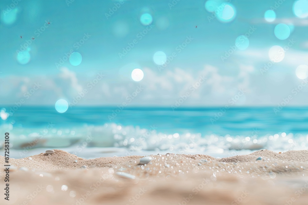 Sandy Beach with Blurred Bokeh Background: Blue Sea and Sky Create a Perfect Summer Vacation Banner for Product Display Sandy Beach with Blurred Bokeh Background: Blue Sea and Sky Create a Perfect Summer Vacation Banner for Product Display