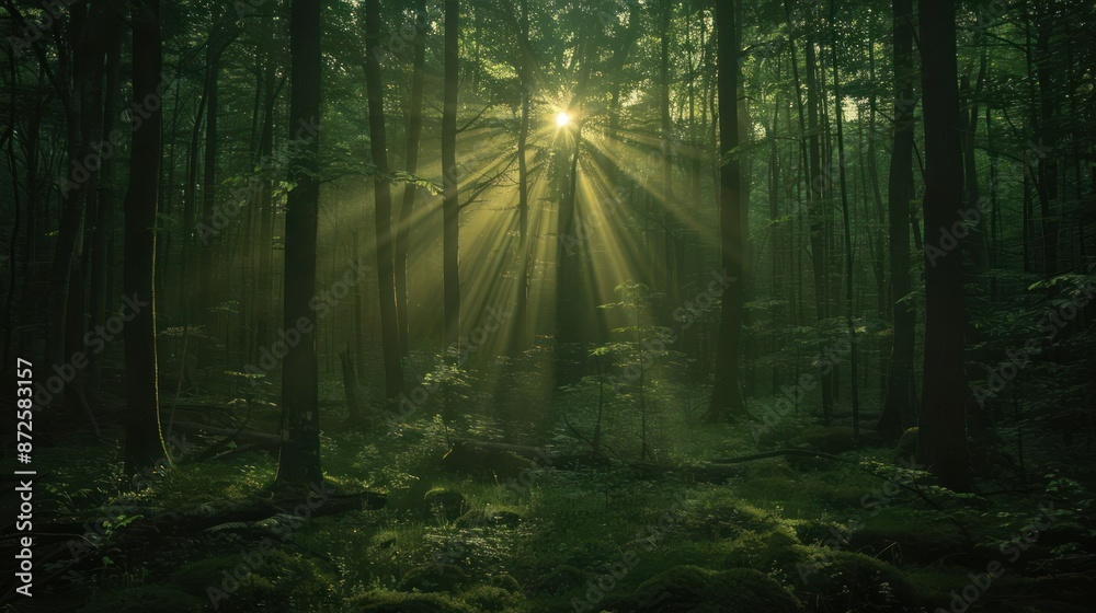 Fototapeta premium A forest with sunlight shining through the trees