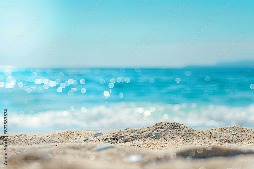 Sandy Beach with Blurred Bokeh Background: Blue Sea and Sky Create a Perfect Summer Vacation Banner for Product Display Sandy Beach with Blurred Bokeh Background: Blue Sea and Sky Create a Perfect Summer Vacation Banner for Product Display