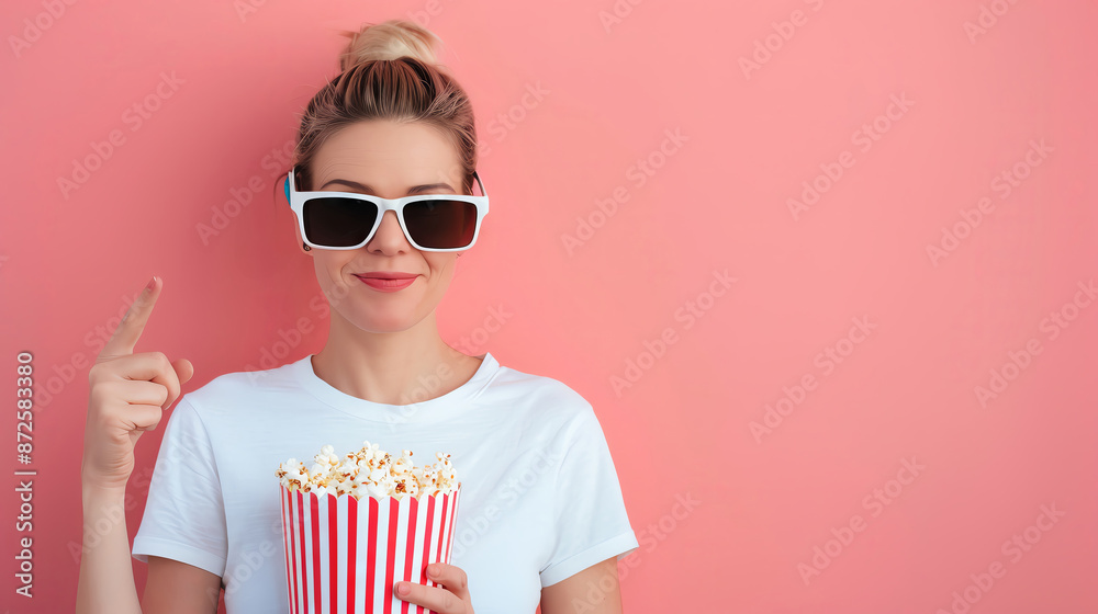 Fototapeta premium Young cool woman she wears white top shirt casual clothes 3d glasses watch movie film hold bucket of popcorn in cinema point finger camera on you isolated on plain pastel light blu