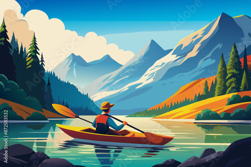 People are enjoying kayaking on a Lake surrounded by beautiful mountain nature
