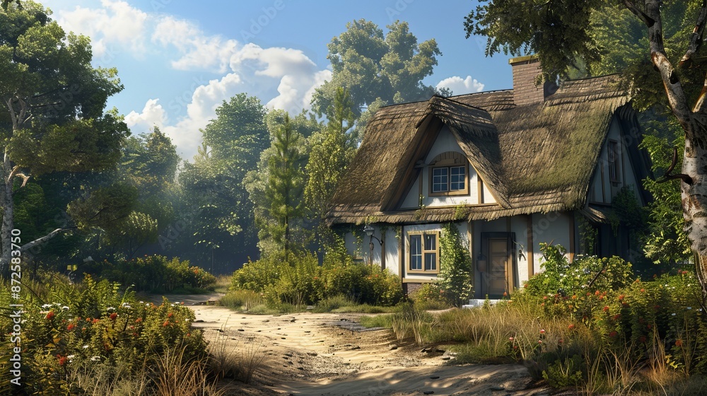 An old farmhouse with a picturesque thatched roof, basking in sunlight on a sunny day. An old farmhouse with a picturesque thatched roof, basking in sunlight on a sunny day.