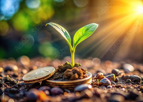 A tiny seedling sprouts from a solitary coin on the ground, symbolizing the potential for small financial investments to grow into substantial wealth over time. photo