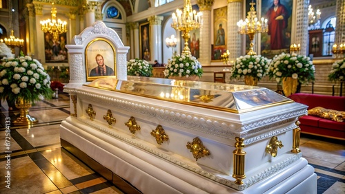 A white coffin with a glass lid with the relics of the Great Martyr Elizabeth Feodorovna in the Church of Mary Magdalene, Jerusalem. photo