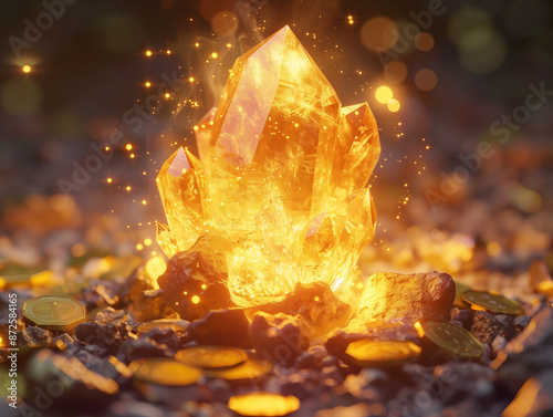 A citrine gemstone surrounded by flames, emitting yellow light, set against a soil background with numerous gold coins scattered around, symbolizing wealth, energy, and grounding. photo