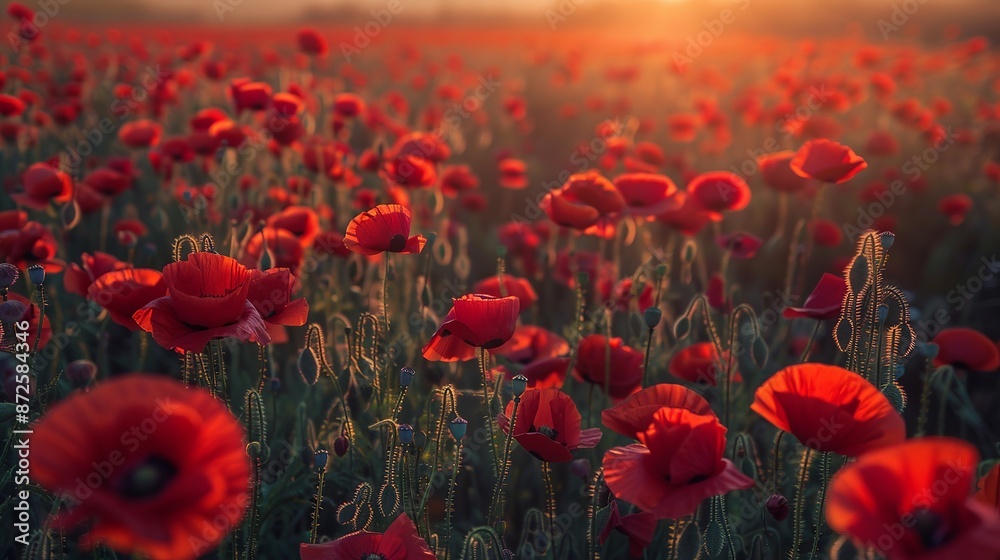 Obraz premium A vibrant field of red poppies in full bloom during the spring season, creating a stunning natural backdrop filled with the beauty of nature.