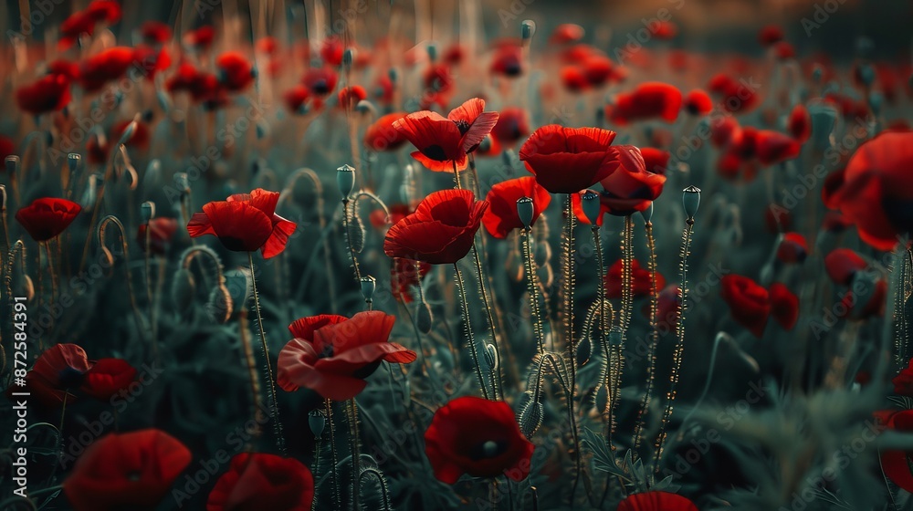 Obraz premium A vibrant field of red poppies in full bloom during the spring season, creating a stunning natural backdrop filled with the beauty of nature.