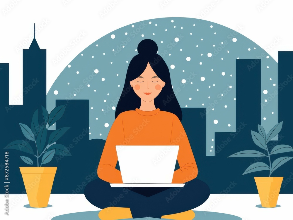 An illustration of a woman with long dark hair, wearing an orange sweater, sitting in a cross-legged position and working on a laptop An illustration of a woman with long dark hair, wearing an orange sweater, sitting in a cross-legged position and working on a laptop