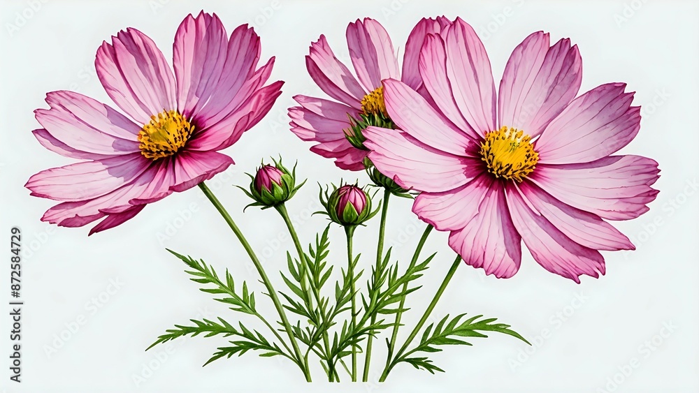 A delicate cluster of pink cosmos flowers with yellow centers against a white background. A delicate cluster of pink cosmos flowers with yellow centers against a white background.