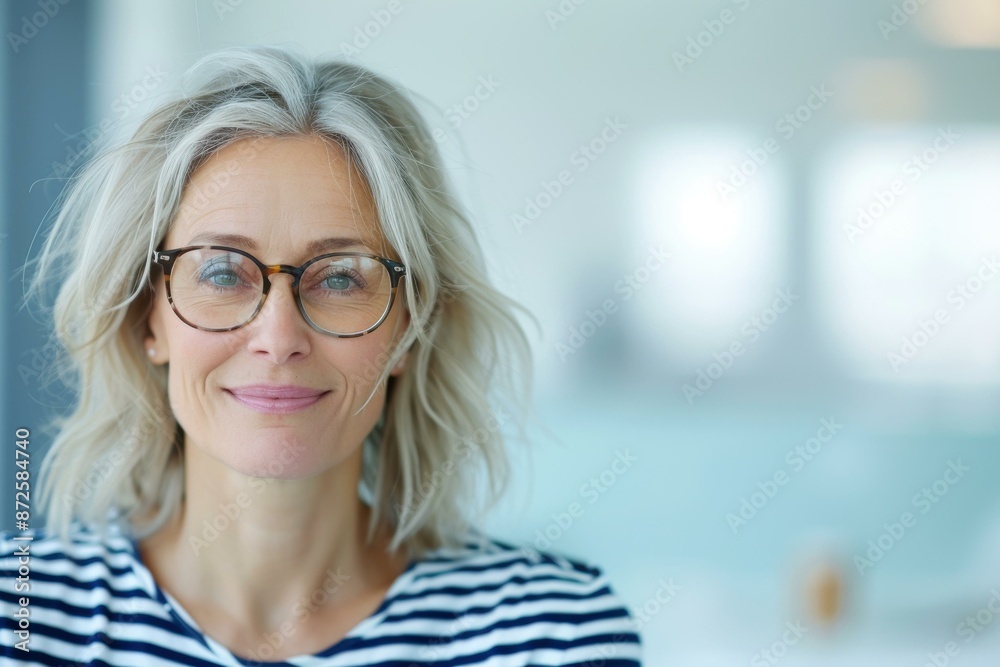 A middle-aged woman with a relaxed expression is sitting by the window in an office environment, holding a white coffee cup. A middle-aged woman with a relaxed expression is sitting by the window in an office environment, holding a white coffee cup.
