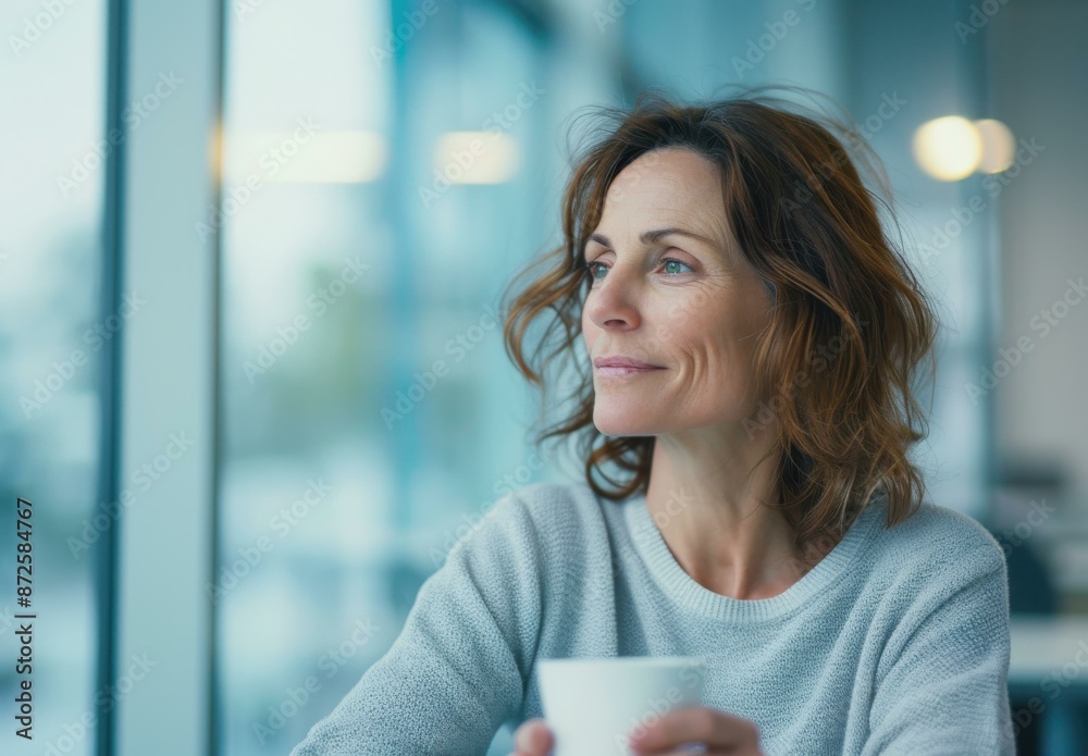 A middle-aged woman with a relaxed expression is sitting by the window in an office environment, holding a white coffee cup.