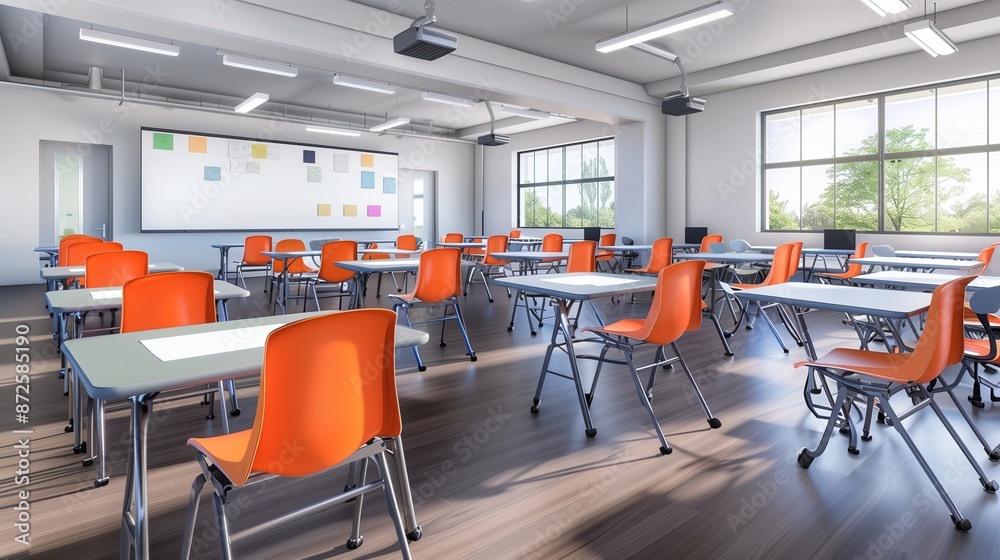 Classroom with modern desks, ergonomic chairs, and a whiteboard at the front Classroom with modern desks, ergonomic chairs, and a whiteboard at the front