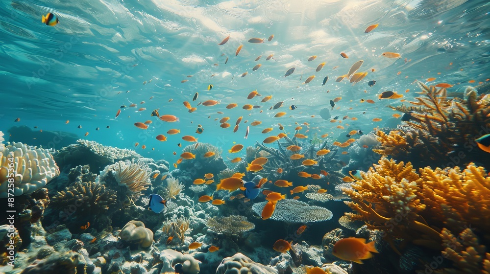 Naklejka premium An underwater scene featuring vibrant coral reefs and diverse marine life, set in the Surin Islands of Thailand.