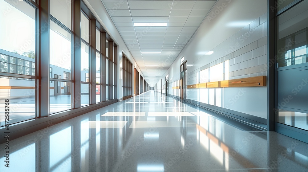 Clean and empty school corridor featuring sleek, modern design elements Clean and empty school corridor featuring sleek, modern design elements