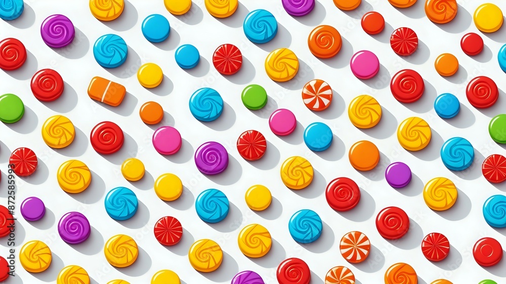 A colorful pattern of round candies with a variety of designs,  arranged on a white background.