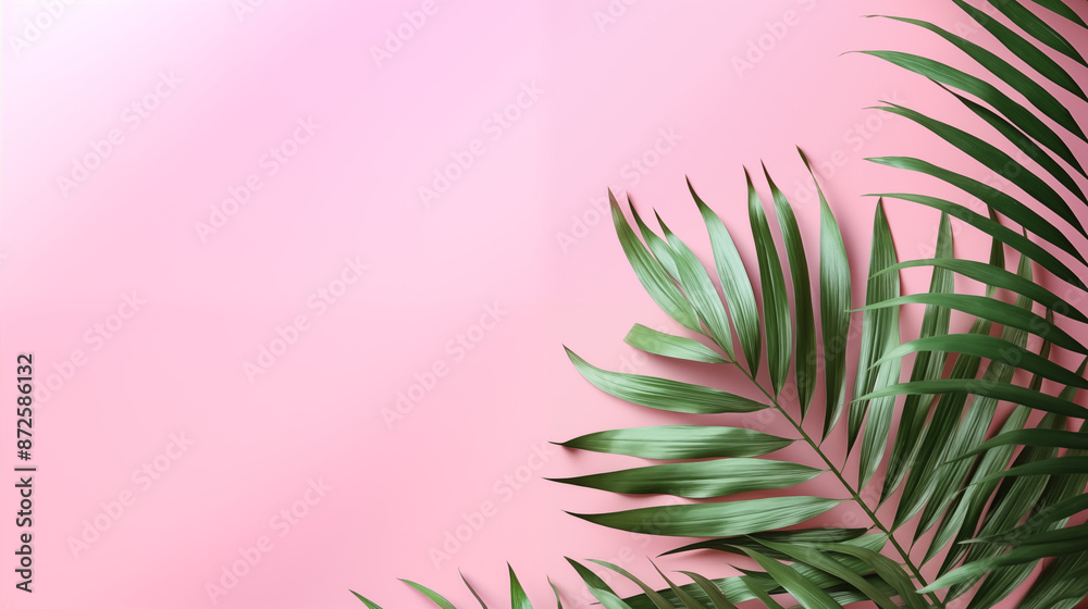 Summer gentle background, banner for shops. Summer vibe. Tropical plants. A combination of pink, blue, green. Banner. Summer. Clean background. Minimalism. Wallpaper Summer gentle background, banner for shops. Summer vibe. Tropical plants. A combination of pink, blue, green. Banner. Summer. Clean background. Minimalism. Wallpaper