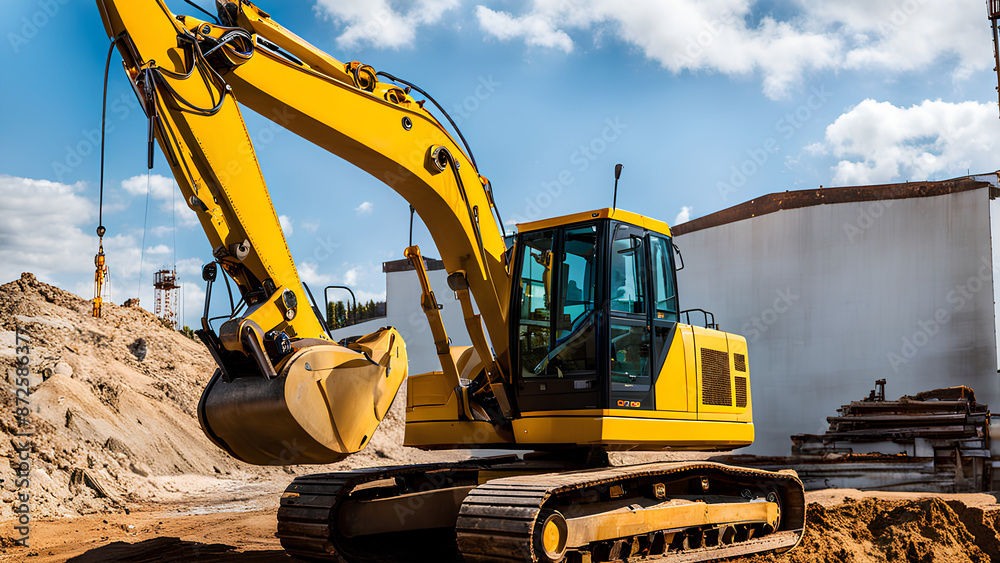 Big yellow on the job! Construction site ready for action with a parked excavator Big yellow on the job! Construction site ready for action with a parked excavator