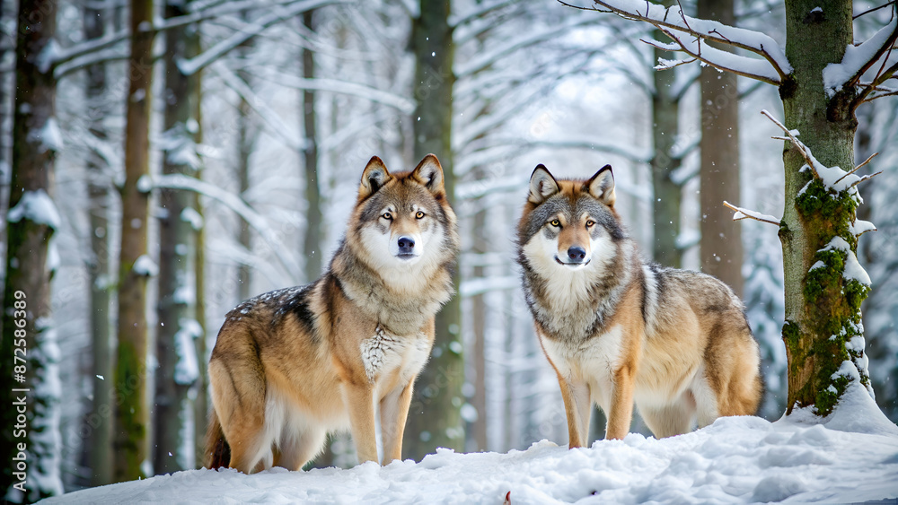 Fototapeta premium Two Wolves in snow forest background