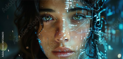 Close Up of Womans Face With Digital Overlay and Blue Lights