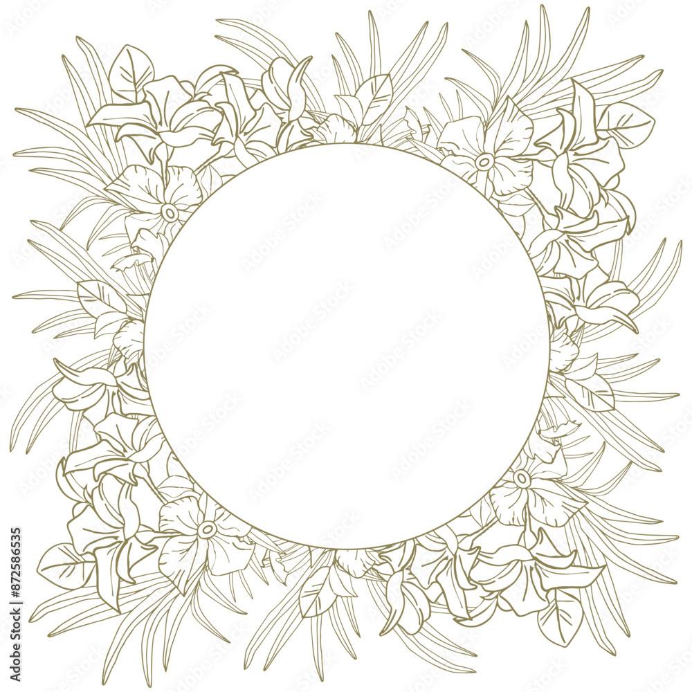 Obraz premium Jasmine flower and palm leaves line art circle frame for card, invite, scrapbook or wallpaper. Delicate tropical flower wreath, vector background