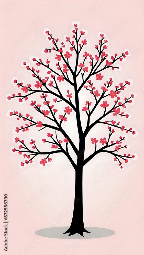 Obraz premium A pink and white background with a black silhouette of a flowering tree with pink blossoms.