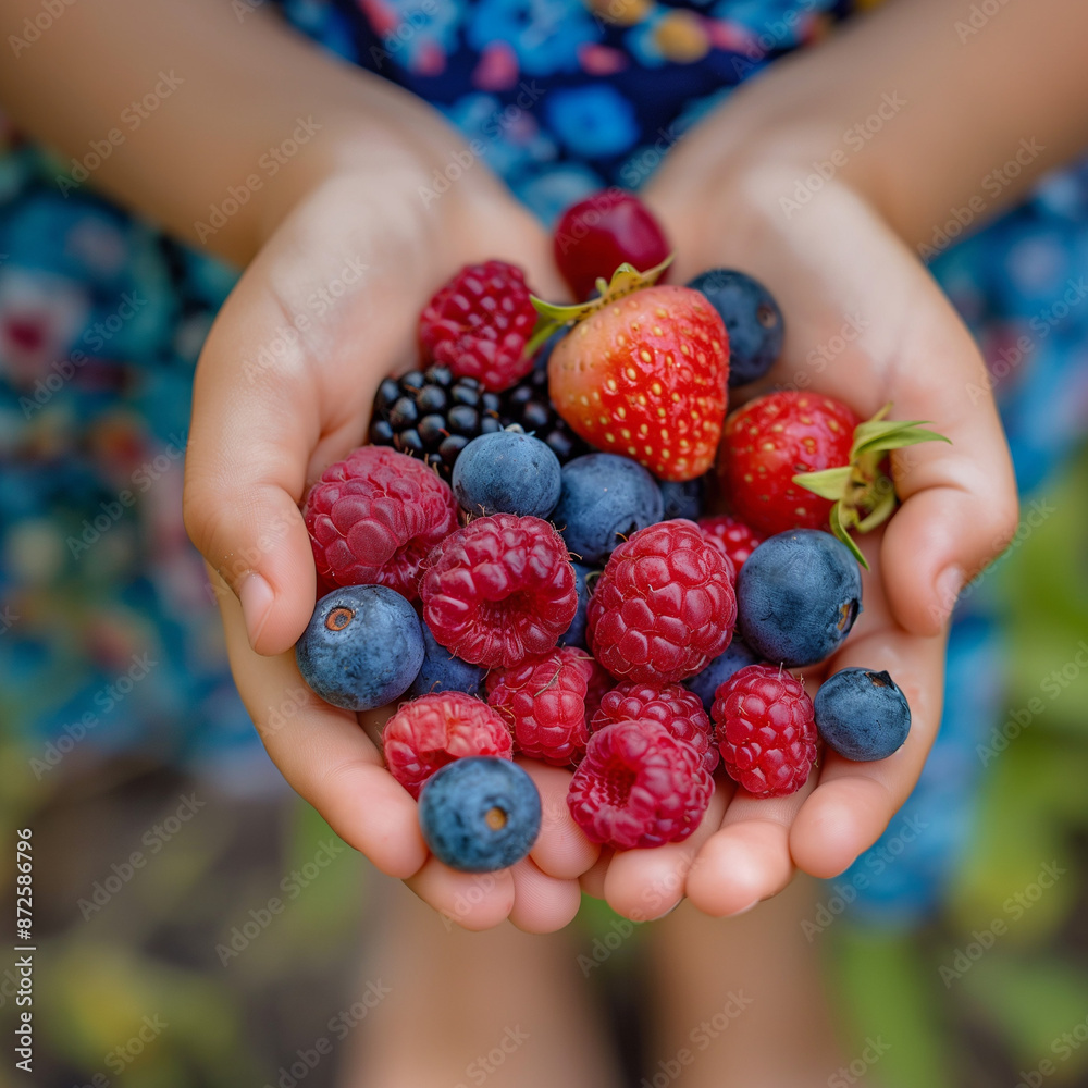 A joyful snapshot of a child's hands holding a mix of colorful berries, capturing the essence of savoring healthy, vibrant summer fruits A joyful snapshot of a child's hands holding a mix of colorful berries, capturing the essence of savoring healthy, vibrant summer fruits