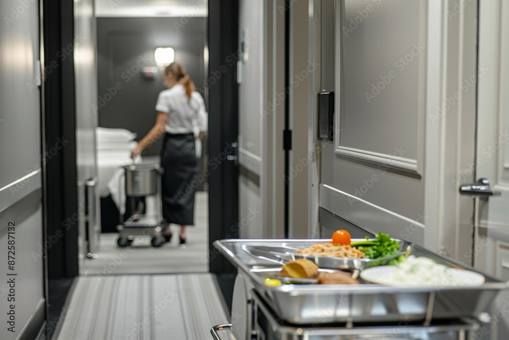 Service cart in the hallway approaching room, staff serving guests in their rooms, details of the food cart with silver covering, tray of finished food placed outside guest door for clearing Service cart in the hallway approaching room, staff serving guests in their rooms, details of the food cart with silver covering, tray of finished food placed outside guest door for clearing