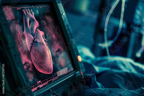 Echocardiogram image showing heart abnormalities, hospital setting, side view, emphasizing diagnostic process, advanced tone, Analogous Color Scheme