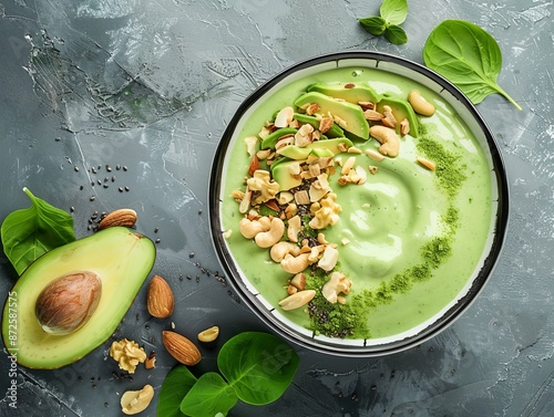 Smoothie bowl with nuts and avocado, vibrant and healthy, top view, promoting good fats in diet, cybernetic tone, Splitcomplementary color scheme