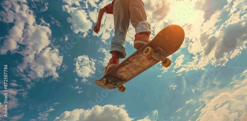 Skateboarding Under a Sunny Blue Sky With White Clouds