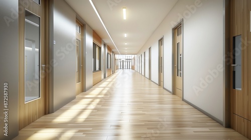 Contemporary high school corridor with light wooden floors and minimalist decor