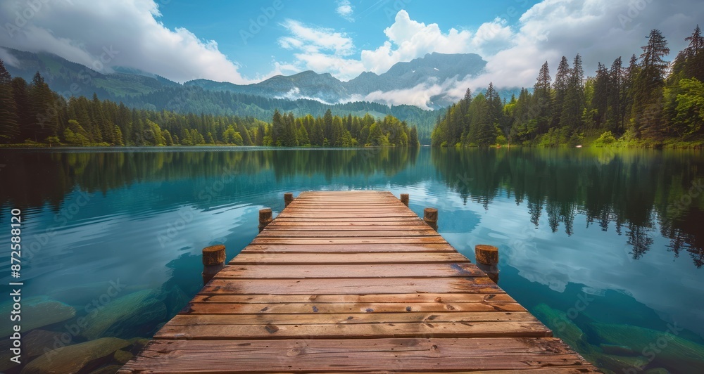 Scenic wooden pier extending onto a tranquil lake surrounded by lush green forest and majestic mountains. Concept of nature, tranquility, and escape.