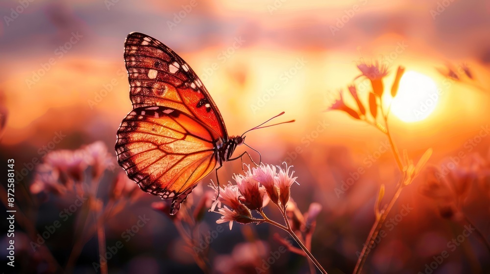 A butterfly is sitting on a flower in a field