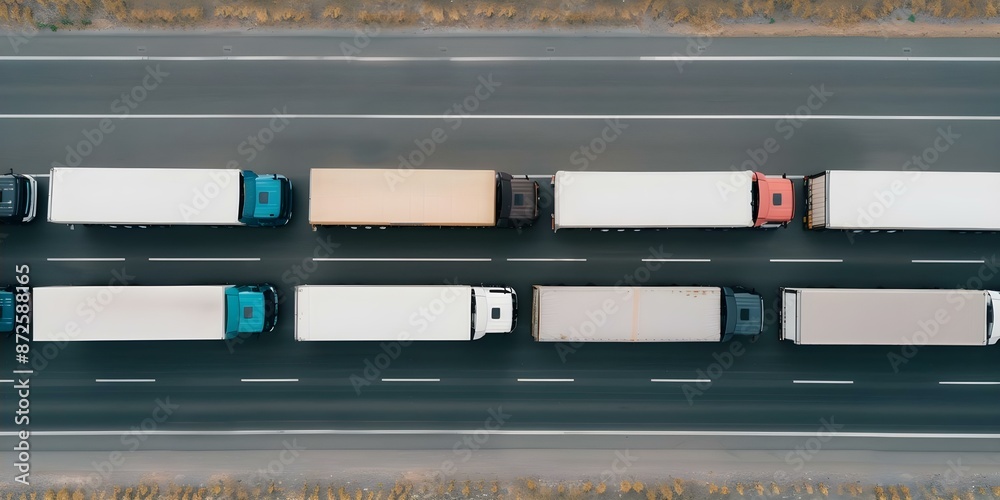 Trucks lined up on highway for wheat cargo transportation and export. Concept Cargo Transportation, Trucks Lined Up, Highway, Wheat Export, Logistics Trucks lined up on highway for wheat cargo transportation and export. Concept Cargo Transportation, Trucks Lined Up, Highway, Wheat Export, Logistics