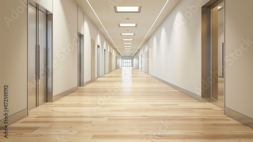 Contemporary high school corridor with light wooden floors and minimalist decor © ZUBI CREATIONS