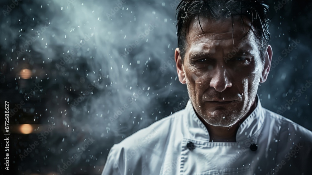 Create an intense portrait of a chef in a white coat, their face showing signs of concentration and expertise, with a dramatic background that emphasizes their passion for culinary arts. Create an intense portrait of a chef in a white coat, their face showing signs of concentration and expertise, with a dramatic background that emphasizes their passion for culinary arts.