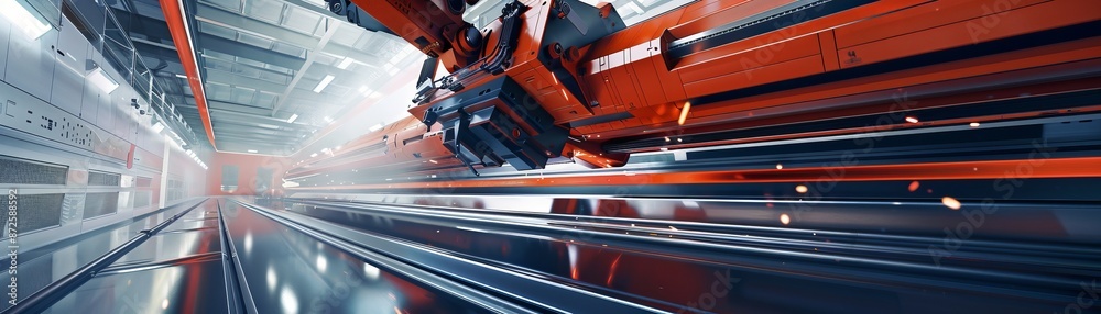Naklejka premium Hightech machinery cutting wide flange Hbeams, side view, highlighting manufacturing techniques, cybernetic tone, complementary color scheme