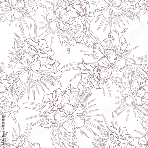 Jasmine flower and palm leaves line art seamless pattern for textile, scrapbook or wallpaper. Delicate tropical flower, vector background