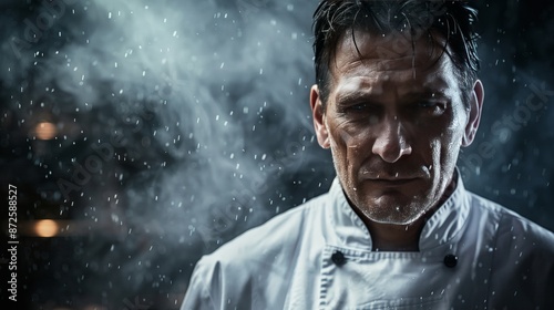 Create an intense portrait of a chef in a white coat, their face showing signs of concentration and expertise, with a dramatic background that emphasizes their passion for culinary arts.