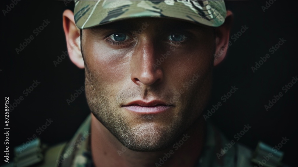 Create an intense portrait of a soldier in uniform, his face hardened by the rigors of service, eyes forward and resolute, with a dramatic, dark background to emphasize his stoic demeanor. Create an intense portrait of a soldier in uniform, his face hardened by the rigors of service, eyes forward and resolute, with a dramatic, dark background to emphasize his stoic demeanor.